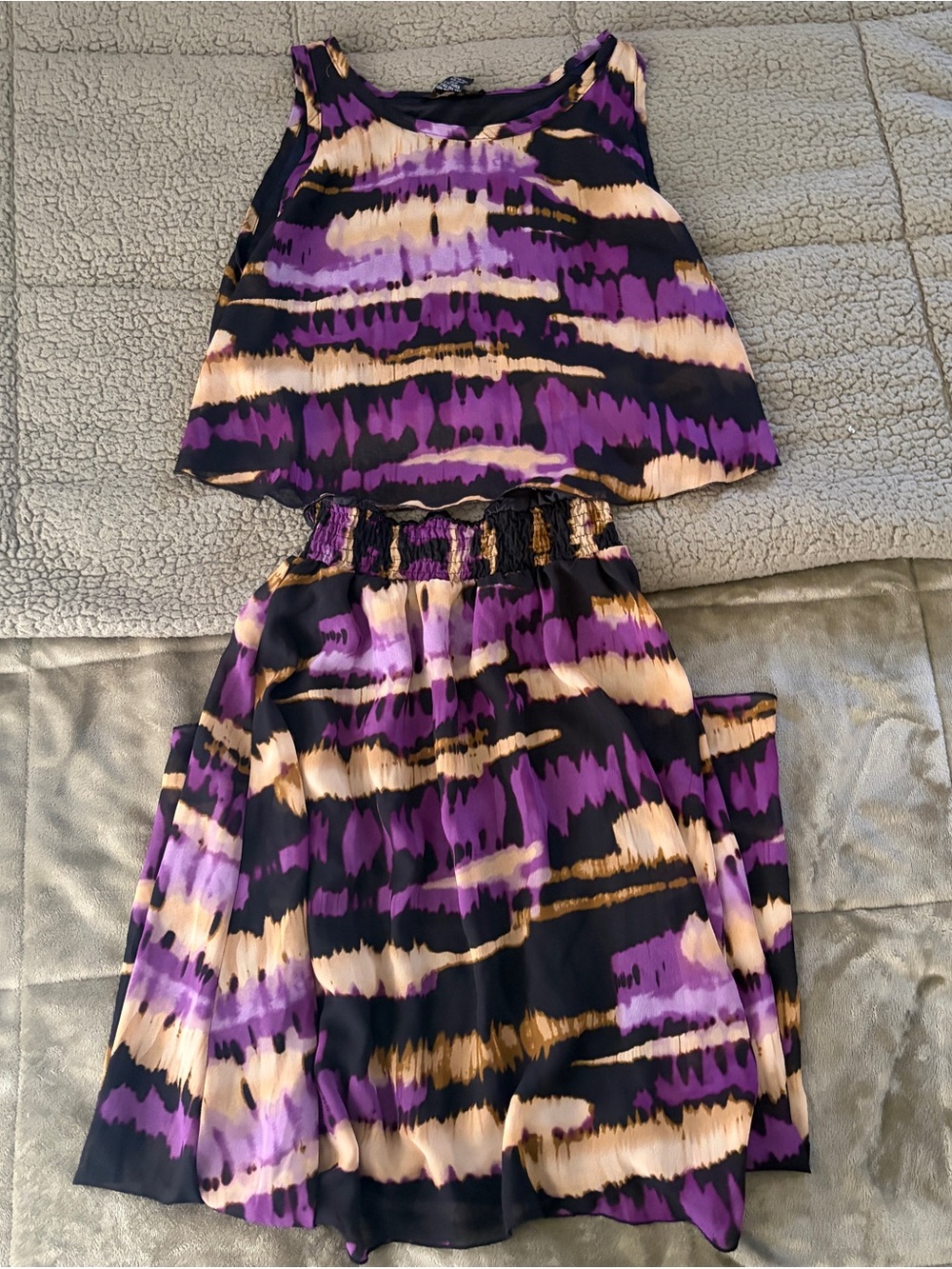 Robert Louis Purple, Black & Cream Tie-Dye Two-Piece Dress Set